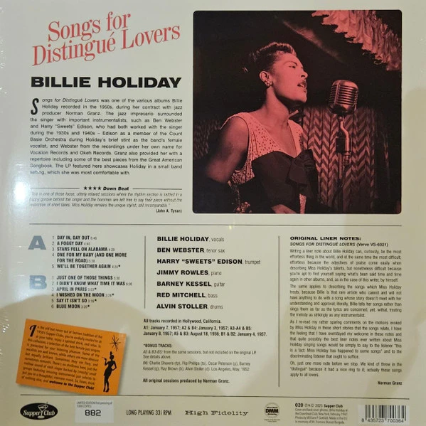 Виниловая пластинка BILLIE HOLIDAY SONGS FOR DISTINGUE LOVERS