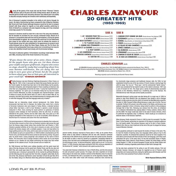 Виниловая пластинка AZNAVOUR, CHARLES 20 GREATEST HITS (1952-1962)
