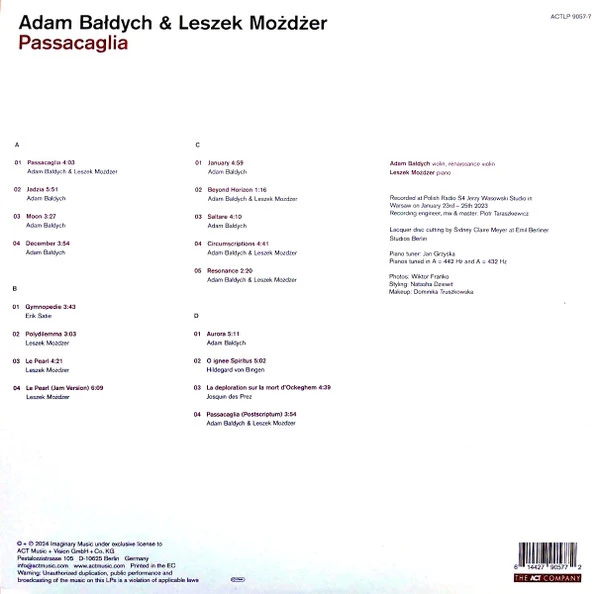 Виниловая пластинка ADAM BALDYCH & LESZEK MOZDZER PASSACAGLIA