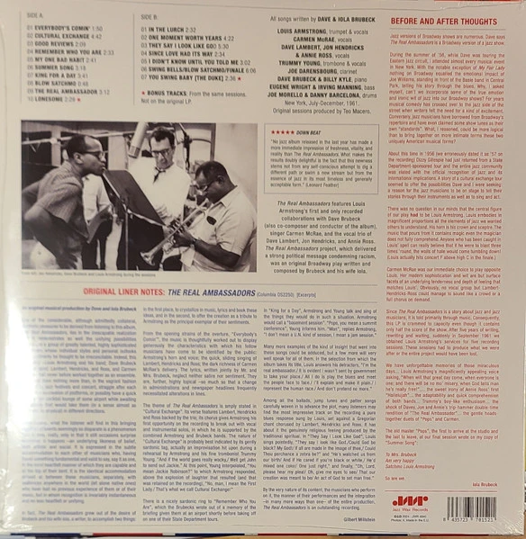 Виниловая пластинка LOUIS ARMSTRONG & DAVE BRUBECK THE REAL AMBASSADORS
