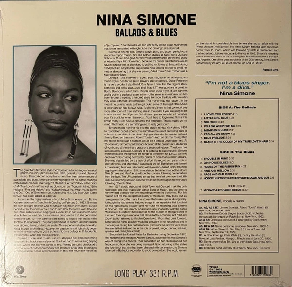 Виниловая пластинка NINA SIMONE BALLADS AN BLUES
