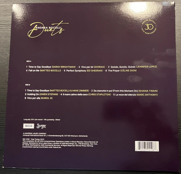 Виниловая пластинка ANDREA BOCELLI DUETS - 30TH ANNIVERSARY