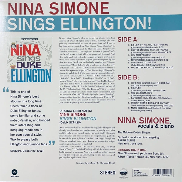 Виниловая пластинка NINA SIMONE SINGS ELLINGTON
