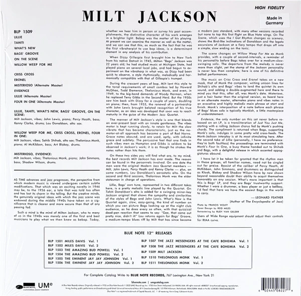 Виниловая пластинка MILT JACKSON MILT JACKSON WITH JOHN LEWIS, PERCY HEATH, KENNY CLARKE, LOU DONALDSON AND THE THELONIOUS MONK QUINTET