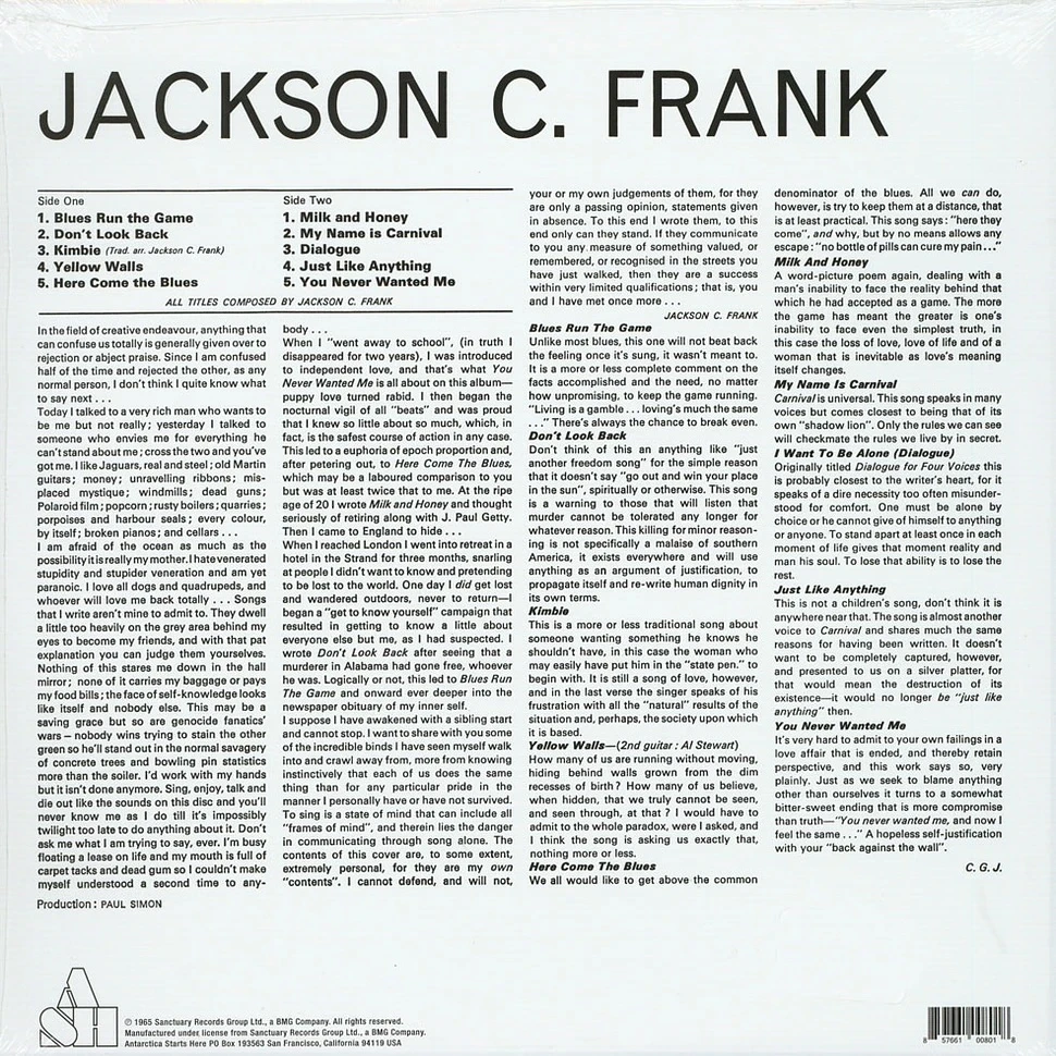 Виниловая пластинка JACKSON C. FRANK JACKSON C. FRANK