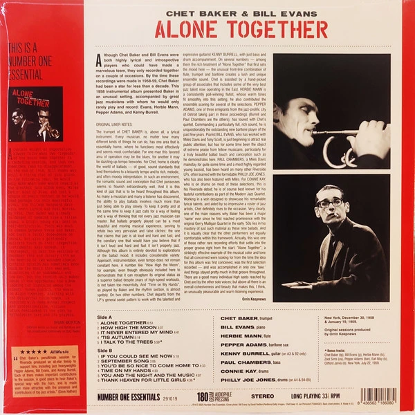 Виниловая пластинка CHET BAKER & BILL EVANS ALONE TOGETHER