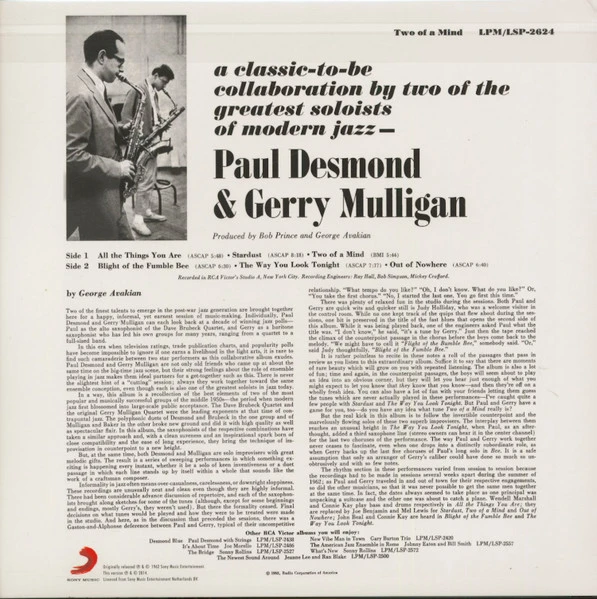Виниловая пластинка PAUL DESMOND & GERRY MULLIGAN TWO OF A MIND