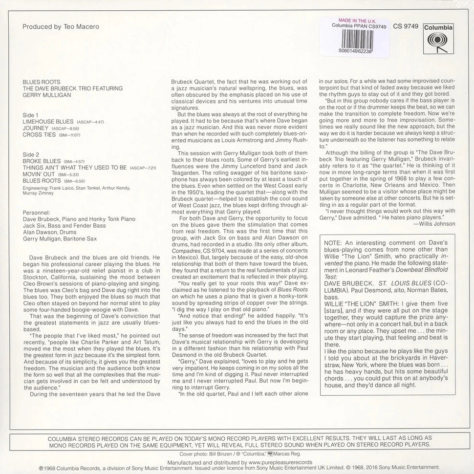 Виниловая пластинка THE DAVE BRUBECK TRIO & GERRY MULLIGAN BLUES ROOTS