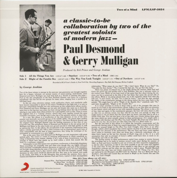 Виниловая пластинка PAUL DESMOND & GERRY MULLIGAN TWO OF A MIND