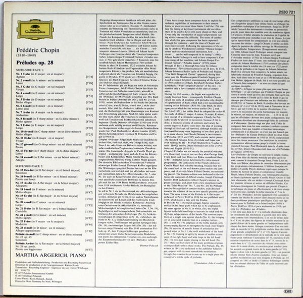 Виниловая пластинка FREDERIC CHOPIN 24 PRELUDES, OP.28 · PRELUDES NR.25, OP.45 · NR.26, OP. POSTH.