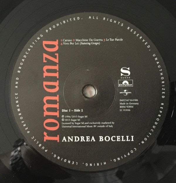 Виниловая пластинка ANDREA BOCELLI ROMANZA REMASTERED EDITION