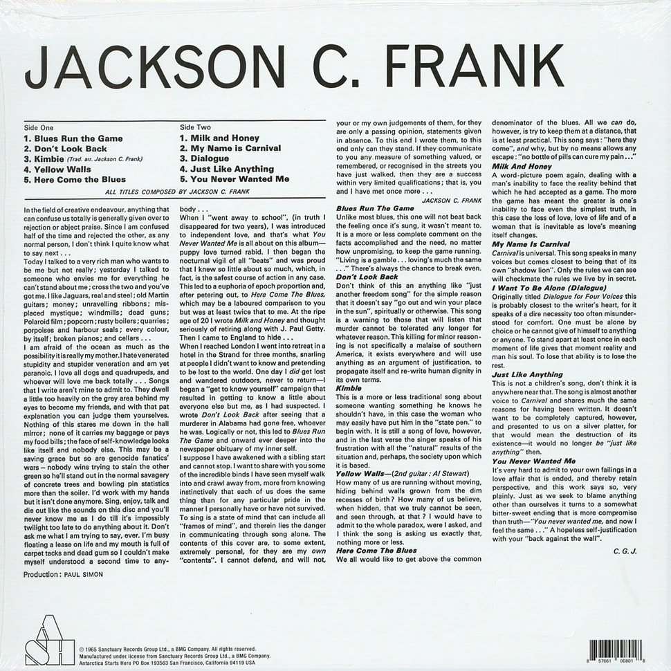 Виниловая пластинка JACKSON C. FRANK JACKSON C. FRANK