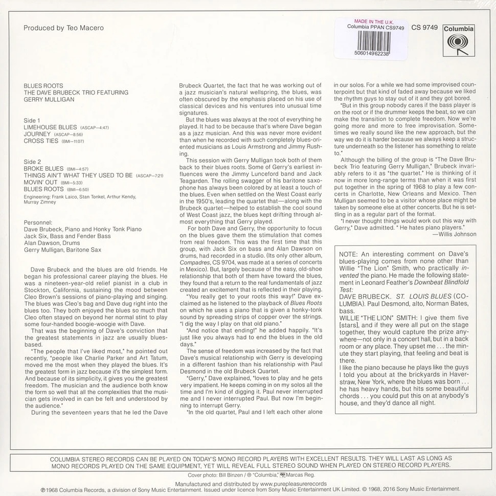 Виниловая пластинка THE DAVE BRUBECK TRIO & GERRY MULLIGAN BLUES ROOTS